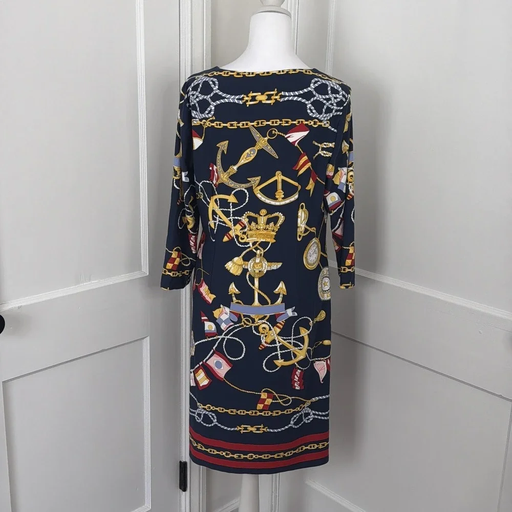 Talbots Dress Womens LP Navy Nautical Print Shift 3/4 Sleeve Stretch Petite - Picture 2 of 10